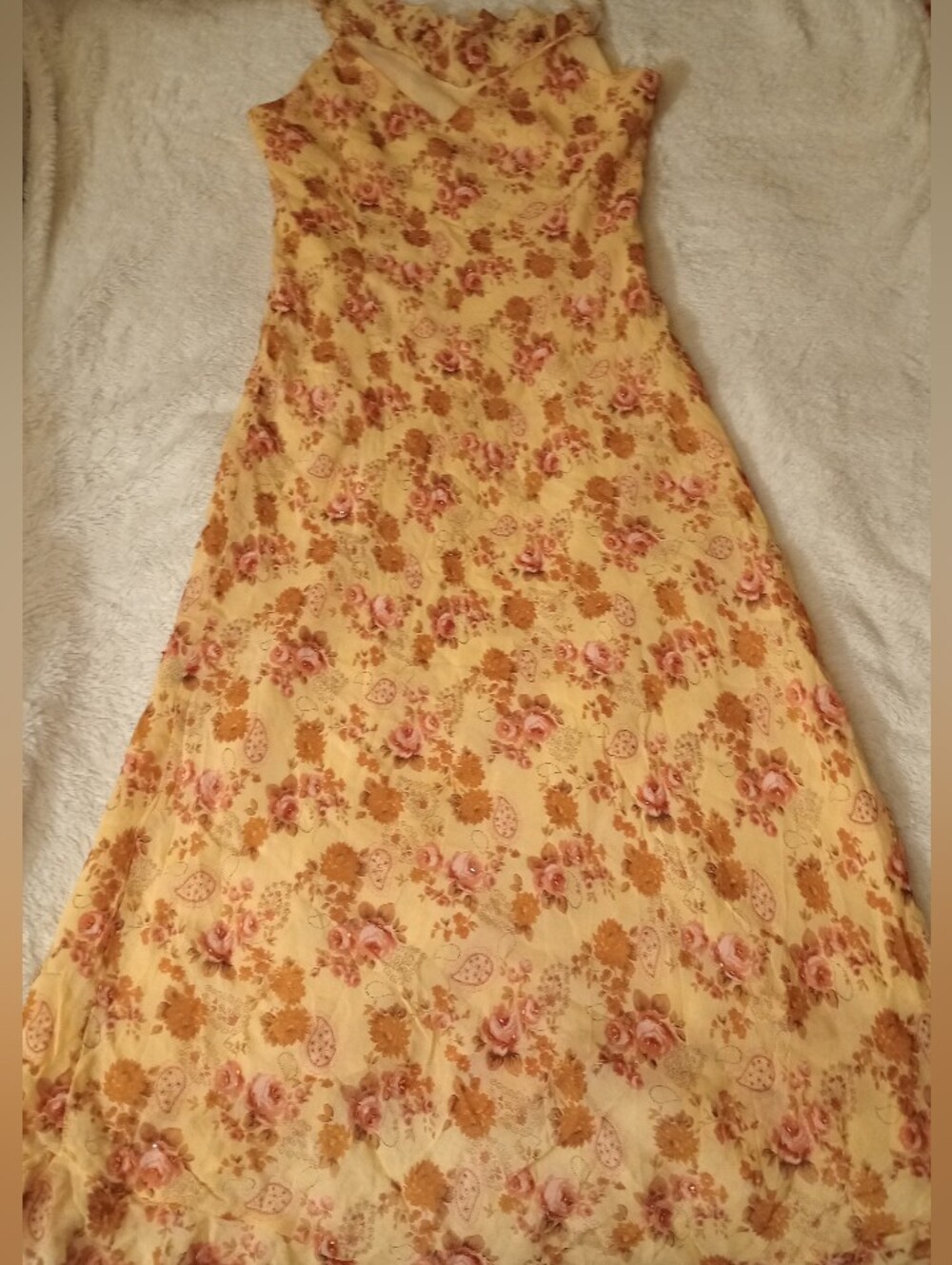 VTG Silk 100% Bohemian Rose Floral Maxi Dress W/Pink & Ruffle Accents